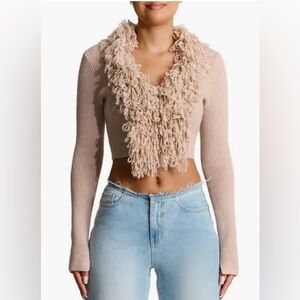 Naked Wardrobe Taupe Fringe Front Crop Cardigan w/ Slits In Sleeves